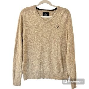 American Eagle Classic Fit Cotton Grey/Brown Pullover V-Neck Lightweight Sweater